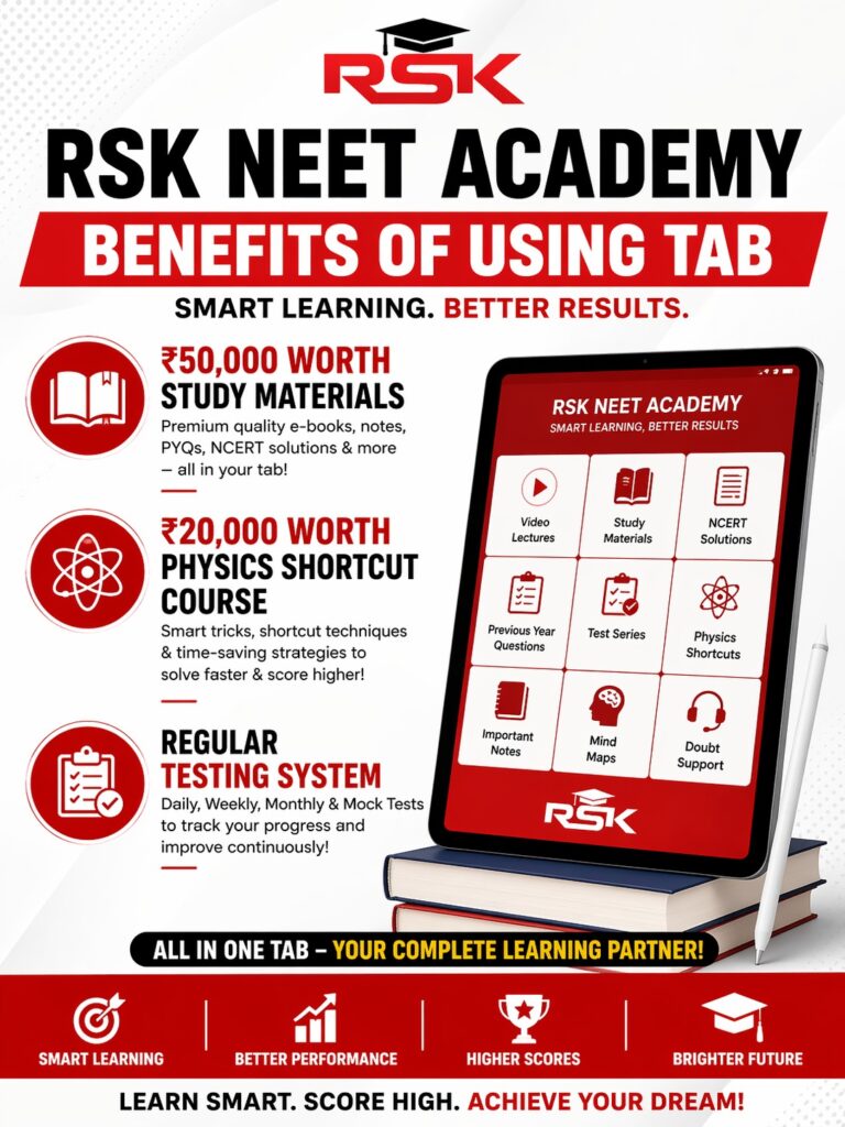 RSK NEET Academy Salem smart learning tab with study materials, test series, NCERT solutions and Physics shortcut course