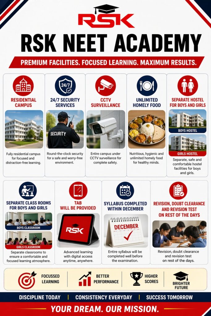 RSK NEET Academy Salem premium facilities including hostel, CCTV security, homely food, separate classrooms and residential campus