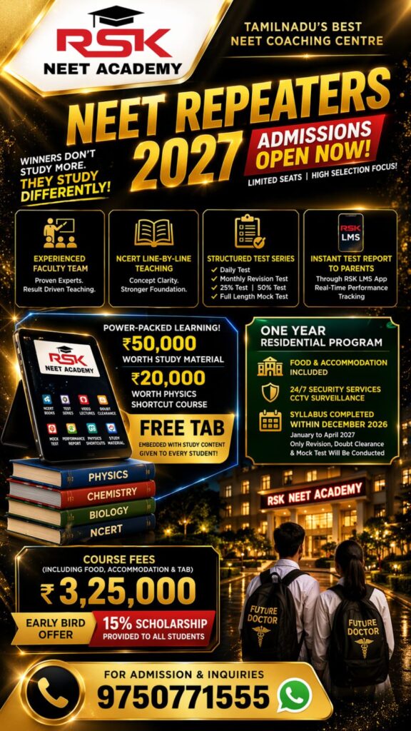 Best NEET Repeaters Coaching in Salem – RSK NEET Academy 2027 Best NEET Repeaters Coaching in Salem with Physics Shortcut Techniques at RSK NEET Academy