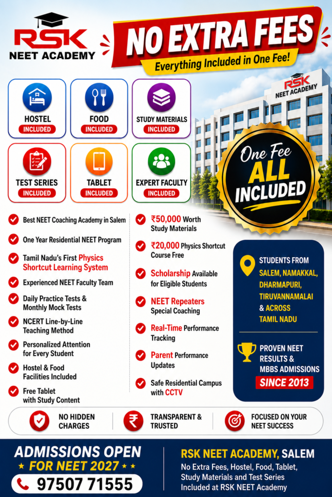NEET Coaching Features in Salem – No Extra Fees, Hostel, Food, Tablet, Study Materials and Test Series Included at RSK NEET Academy NEET Coaching Features in Salem with No Extra Fees, Hostel, Food, Free Tablet, Study Materials, Test Series and Residential NEET Coaching at RSK NEET Academy